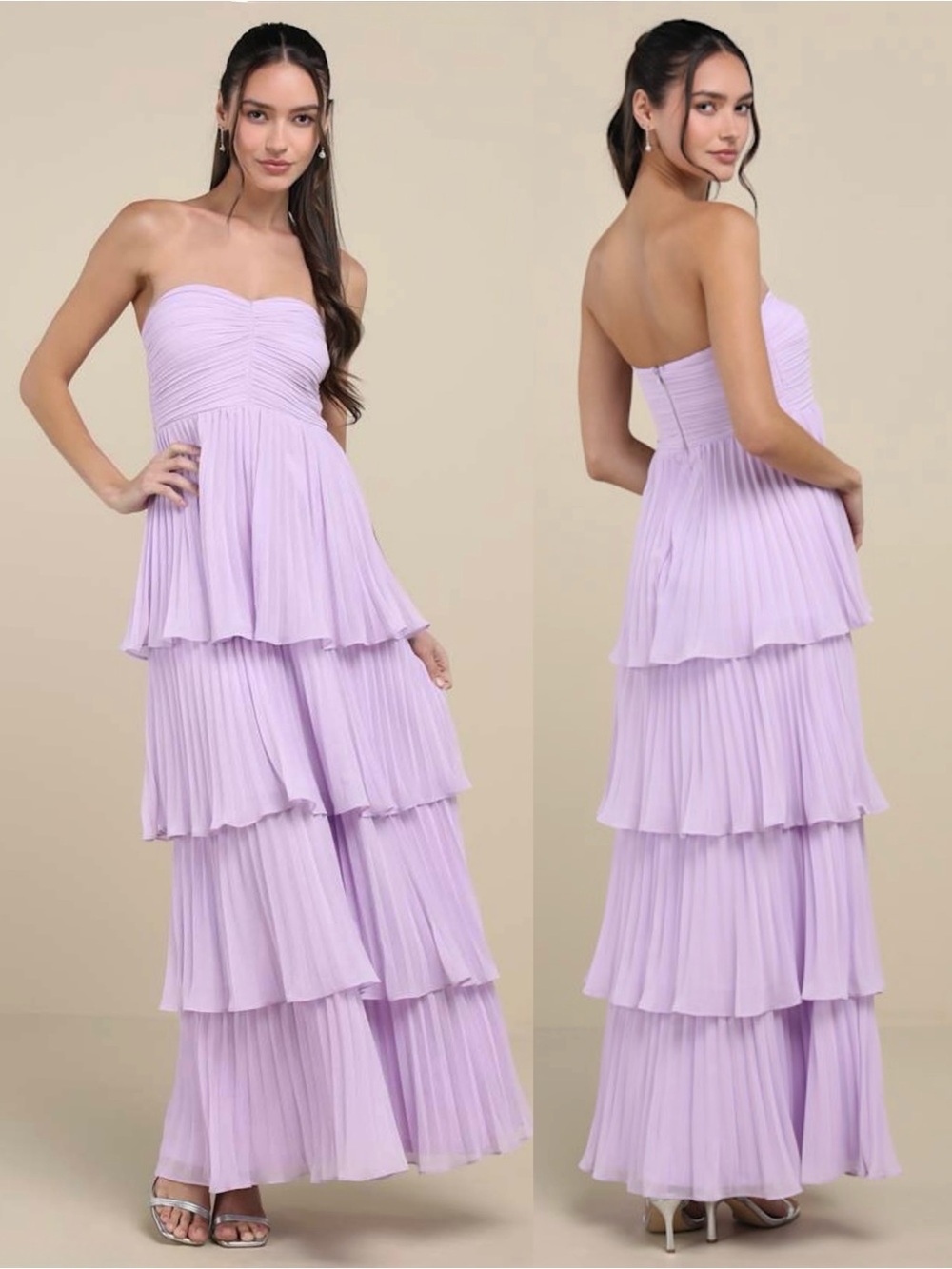 LULUS Strapless Sweetheart Neck Pleated Chiffon Tier Ruffle Fairycore Gown XS‎